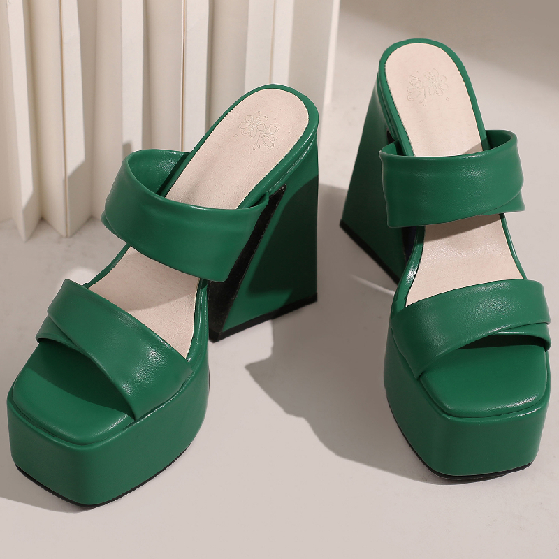 Slippers Gothic Block High Heels Mules Platform Sexy New Summer for Women Green Yellow Sandal Party Fetish Shoes Female 21ad