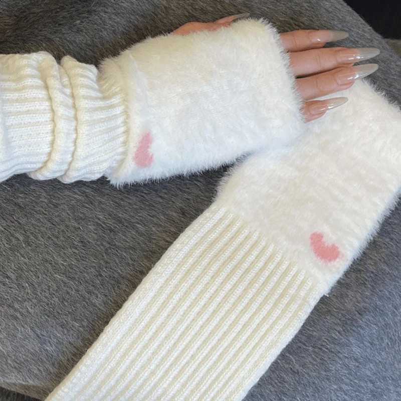 Mink wool soft long gloves winter half finger womens warm and ious white plush knitted fingerless 240911