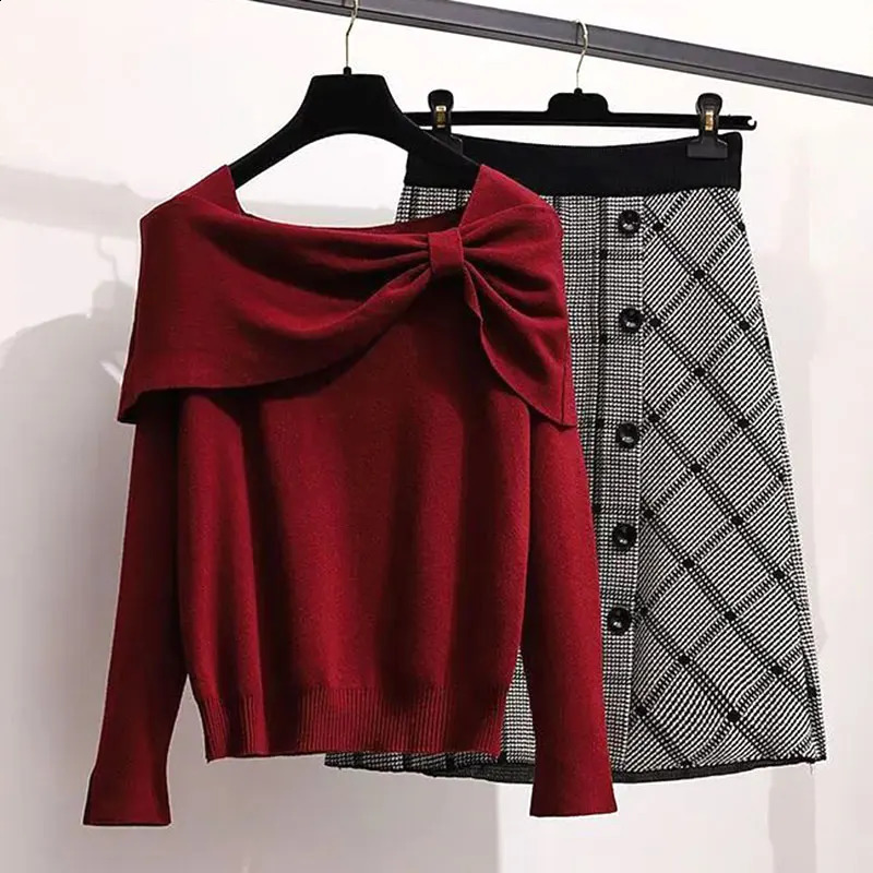 Red Bow Slant Neck Knitted Long Sleeve Floral Womens Sweater Black Checkered High Waist Womens Two Piece Set Long Sleeve Skiing 240905