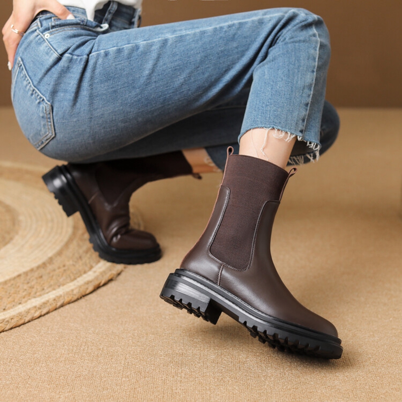 Ankle Autumn Round Toe Chunky Heel Genuine leather Slip-on Black Boots Winter Shoes Women 1646