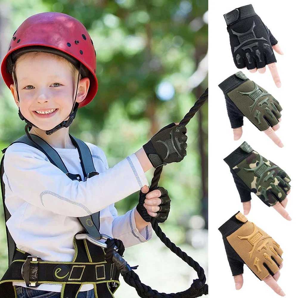 1Pair Kids Tactical Fingerless Gloves Army Military Camo Anti-Skid Mittens Half Finger Boys Girls Children Outdoor Sport Cycling Y240914