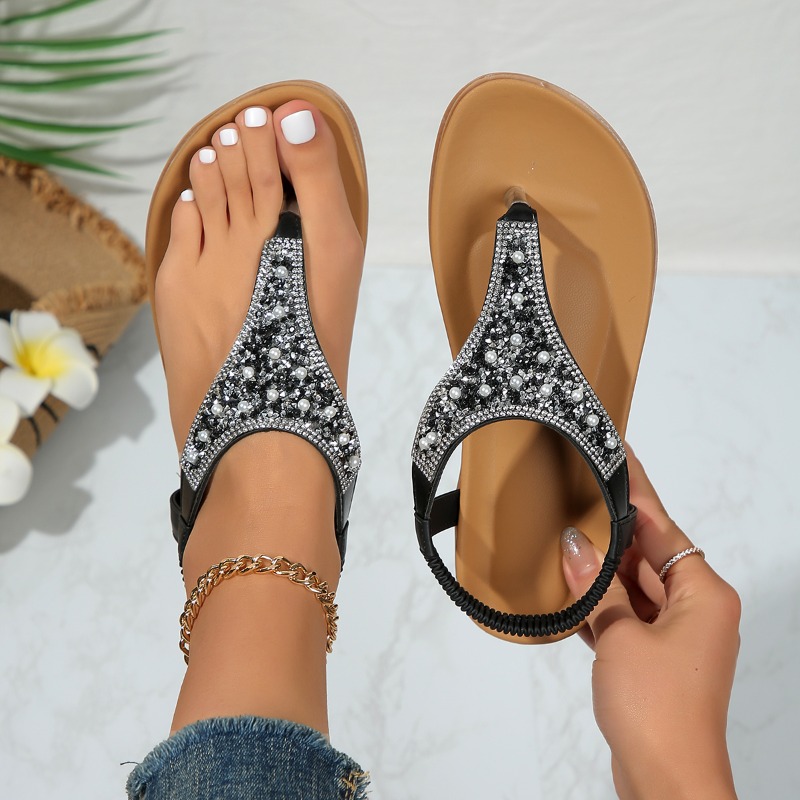 Summer New Flat Flat Pinch Toe Elastic Sequin Rhinestone Sandals Women's Fashion Casual Comfortable Women's Shoes Women Shoes