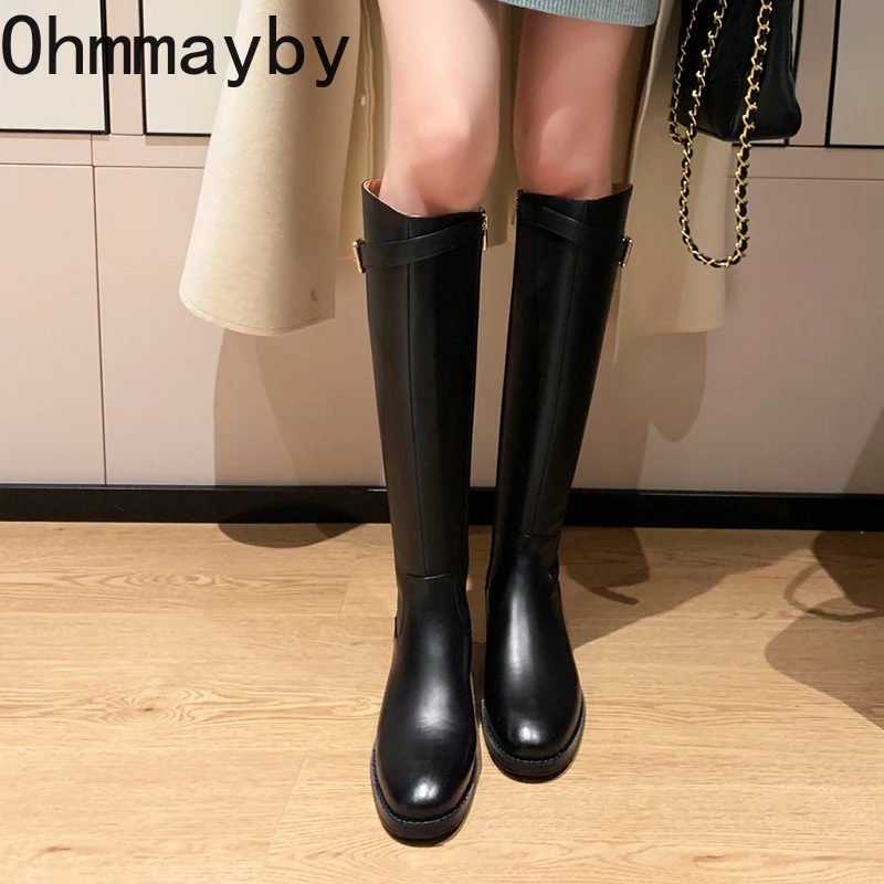 Vintage Women Slim Knee-High Boots Fashion Belt Buckle Shoes Autumn Winter Low Heel Ladies Stretch Modern Long Booties
