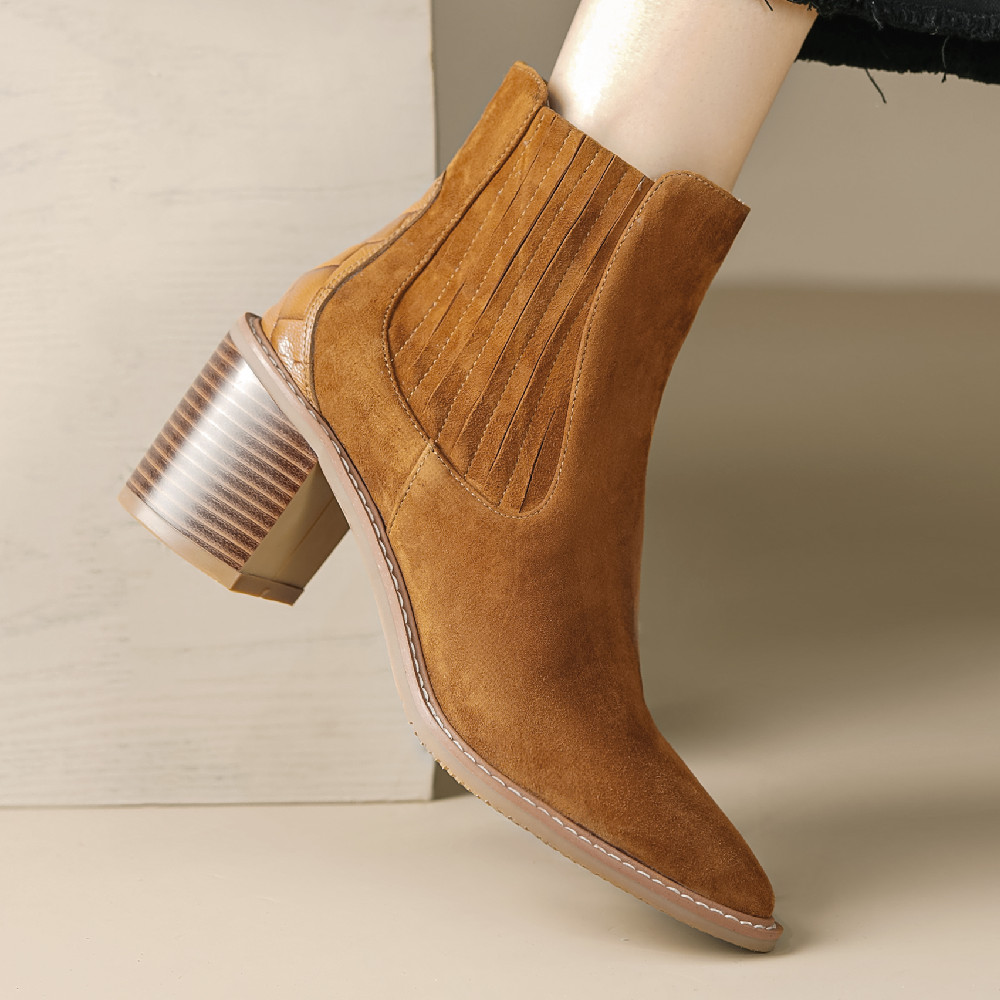danxuefei women's natural suede leather autumn ankle boots 6cm thick high heel pointed toe slip-on OL style short booties shoes