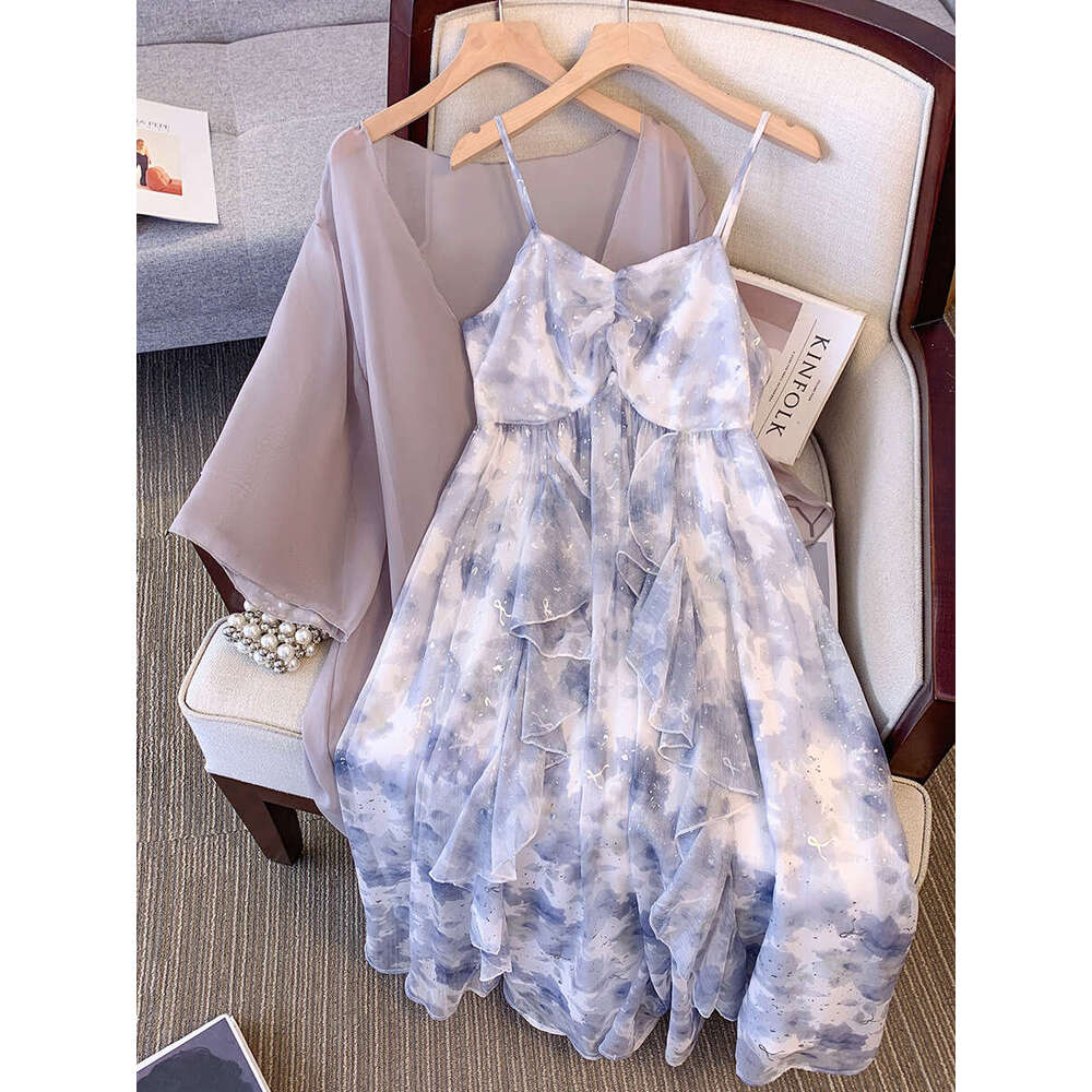 150Kg Plus Size Women's Bust 147 Summer Loose Retro Ral Ruffle Edge Camisole Dress Cardigan Two-Piece Set 5Xl 6Xl 7Xl 8Xl 9Xl