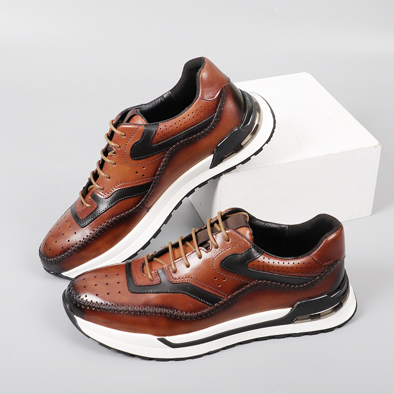 High-end Men's Real Cow Leather Casual Shoes Fashion European 2024 Autumn Luxury Comfortable Solid Color Blue Brown Sneakers