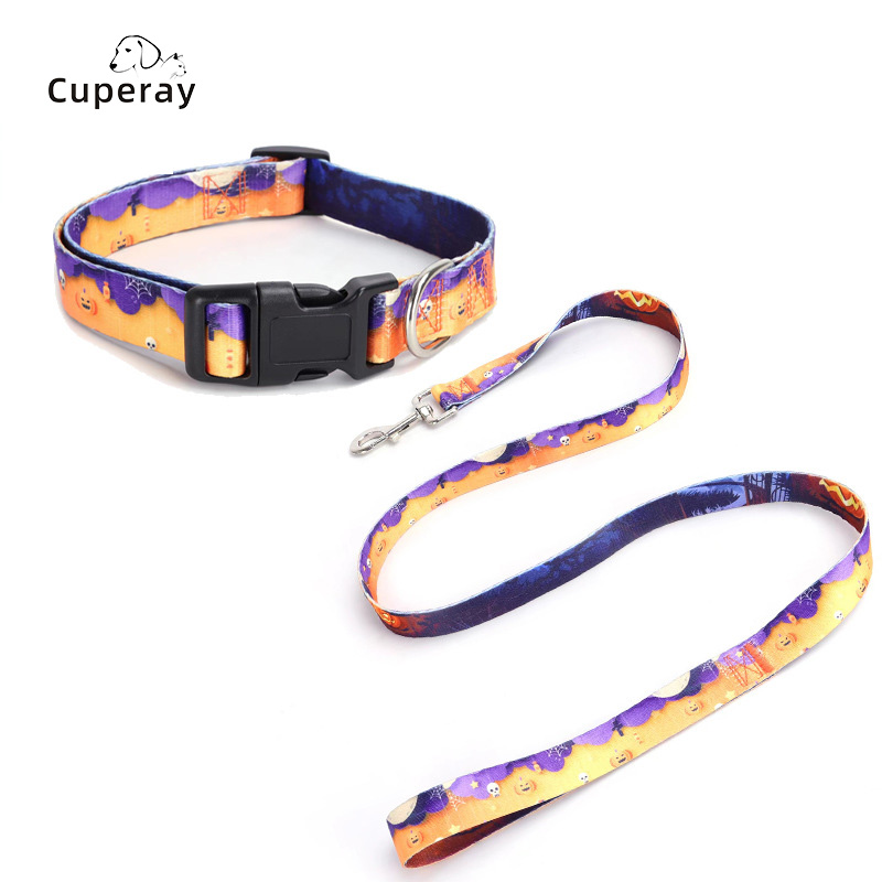 Halloween Dog Collar and Leash Set Adjustable Pet Collar Leash with Pumpkin Pattern, for Dogs and Cats Pet Accessories Supplies
