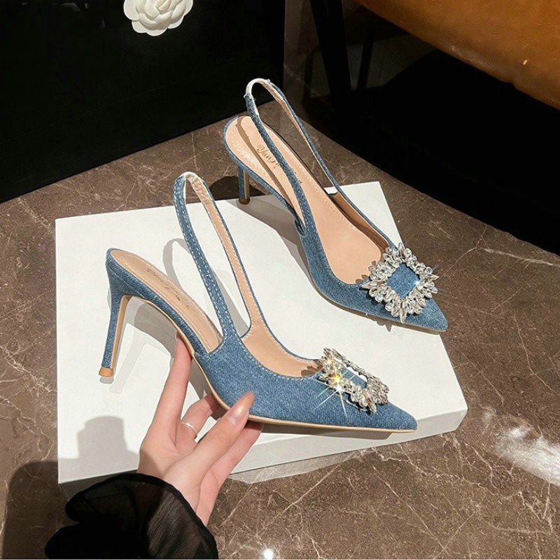 Summer 2024 New Sandals Thin Heel Pointed Baotou Dia Square Buckle Denim Korean Version Fashion High Heels e39d s