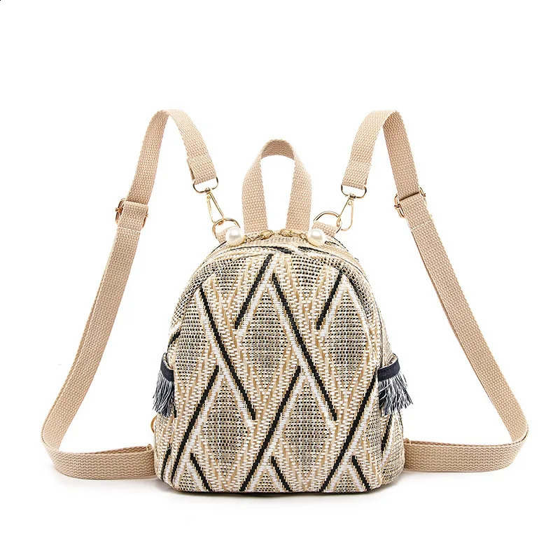 Womens Grass Backpack Geometric Tassel Travel Bag Korean Edition Student Bag Casual Zipper Soft Backpack 240912