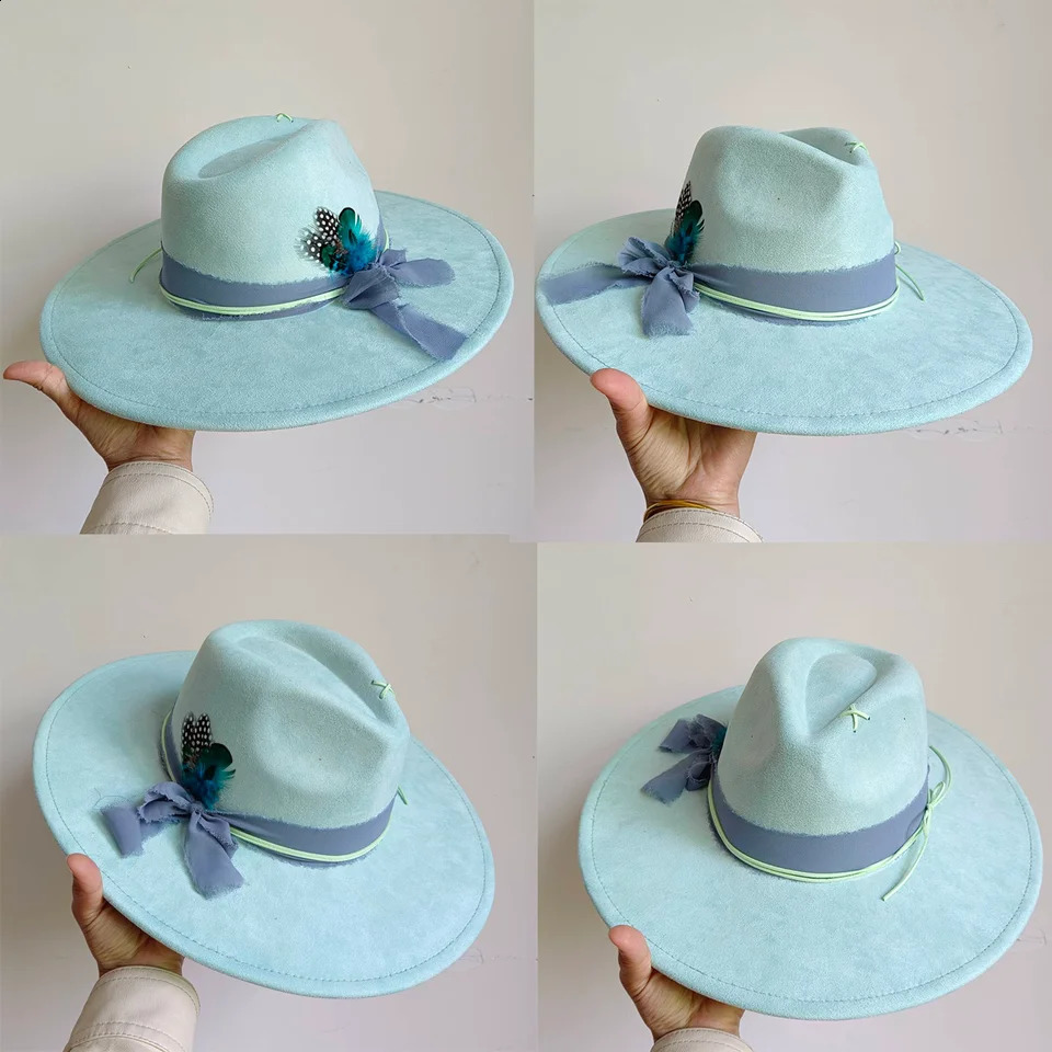 Mint green 2024 suede feather accessories 9.5cm hat brim wide brim jazz fedora womens hat sombrero hombre 240912