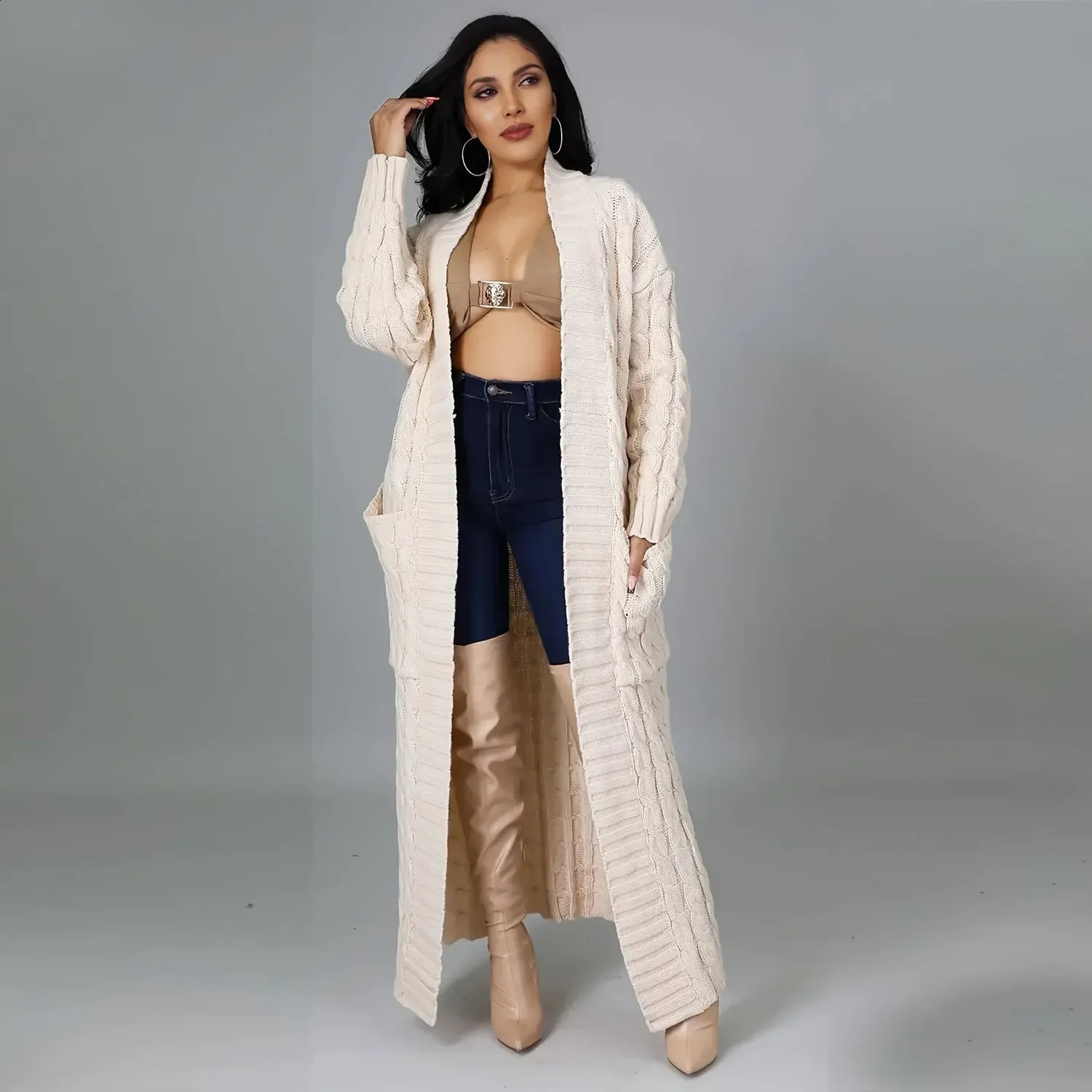 ANJAMANOR Cable Knitted Maxi Cardigan Winter Long Sweaters for Women Fashion Knitwears Coats Outerwear Drop D35FE70 240904