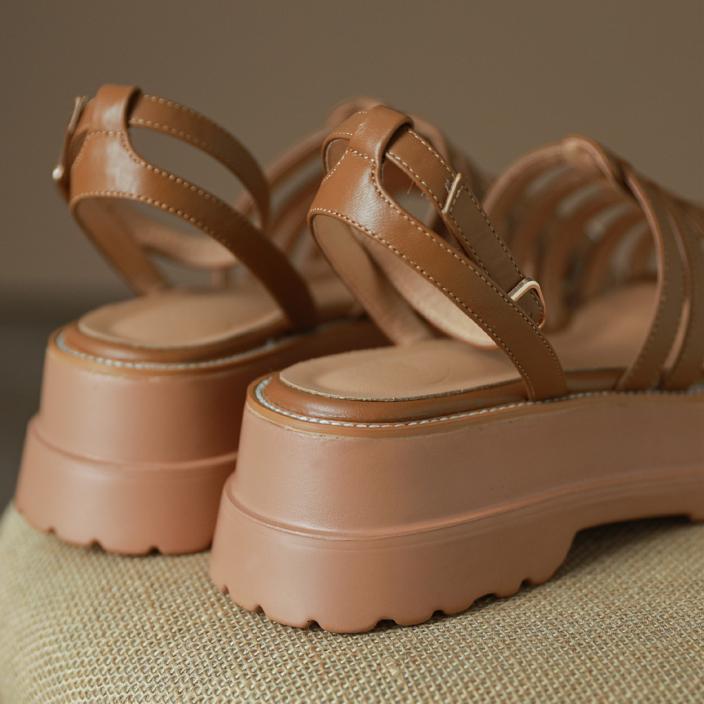 2025 new plus danxuefei size 34-42 women's great pu leather thick sole platform flats sandals narrow band braided ankle strap shoes women 438f