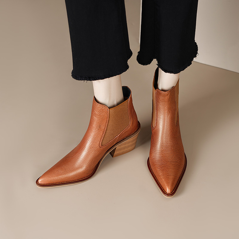 2024 Women Pointed Toe Chunky Ankle Shoes Winter Western Cowboy Sheepskin Boots Genuine Leather 6c4b