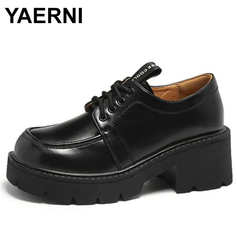 Derby Shoes For Women Cow Leather Lace-Up With Round Toe Thick Sole Platform On Spring Autumn Handmade