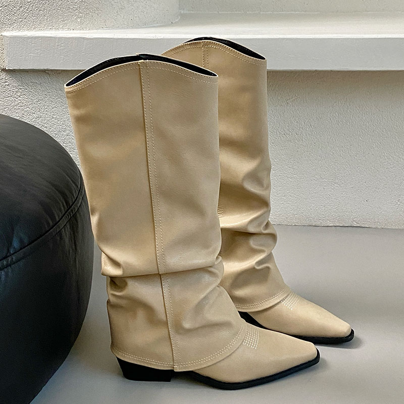 Footwear Square Heels Slip On Ladies Western Long Booties Female Fashion Pointed Toe Women Knee High Boots Shoes