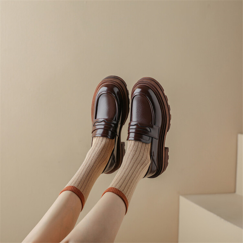Autumn Spring New Pumps Split Leather Casual Loafers Woman Chunky Heel for Women Slip-On Round Toe Platform New Shoes d7ee Platm