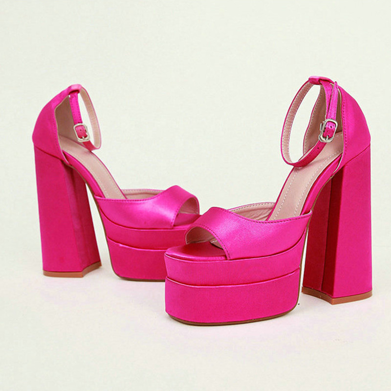 Summer 2024 New Products Square Head Hollow Thick Satin High Heel Fish Mouth Women's Shoes Plus Size Catwalk Sandals Trend 0b41