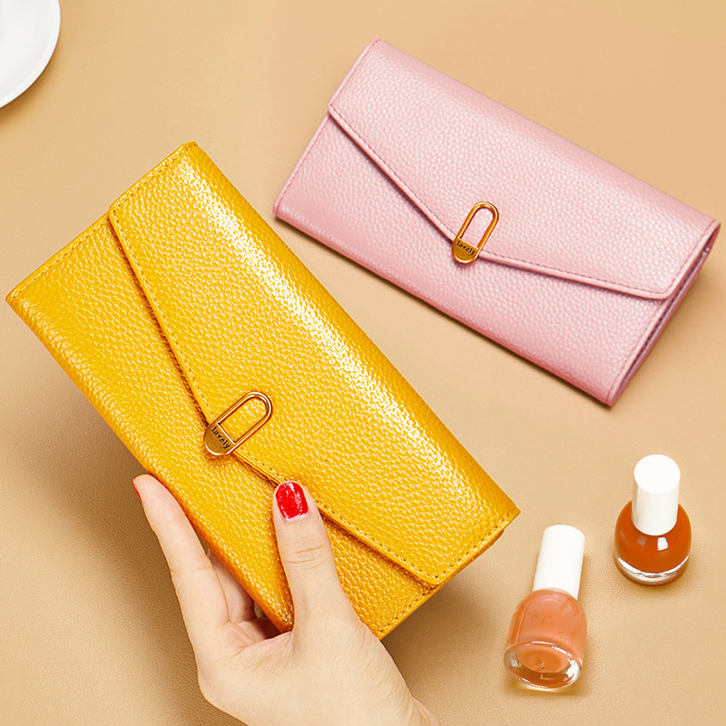Pure cowhide yellow lucky wallet women's long 2024 new zipper for phone, large capacity leather wallet, thin