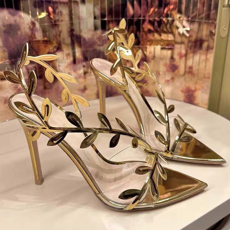 Gold High Heels Women 2024 Summer New Metal Patent Leather Leaf Thin Heel Pointed Open Toe Sandals