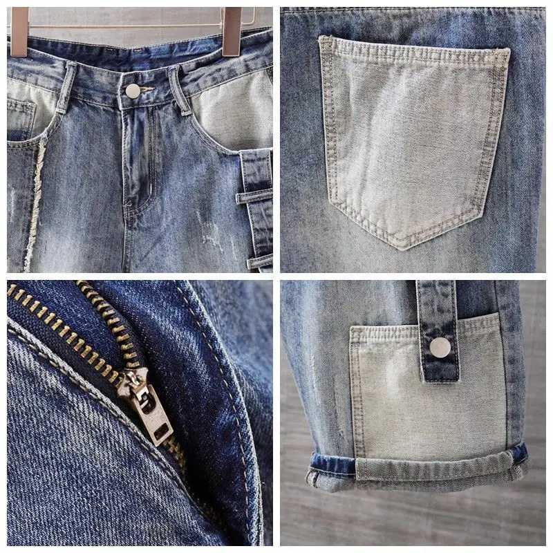 Korean Style Harajuku Fashion Designer Mens Summer Straight Denim Jeans Shorts Casual Boyfriend Washed Patchwork Short PantsX240914