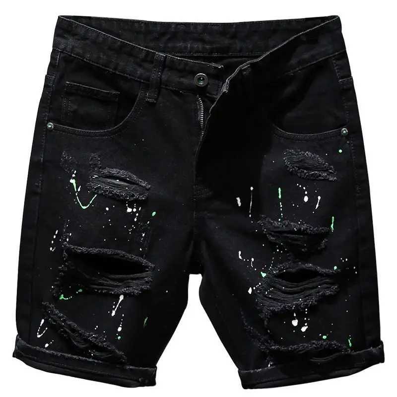 Fashion Summer New Casual Denim Jeans Knee Length Shorts for Men Black Cowboy Low Rise Ripped Holes Boyfriend Mens Denim ShortsX240914