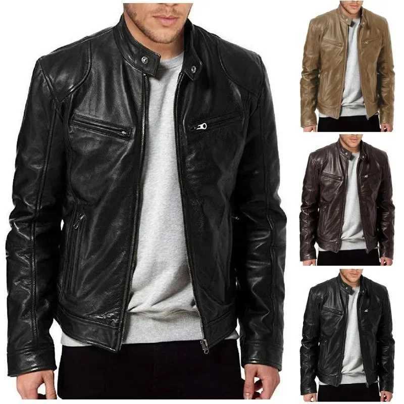 2024 Fashion Mens Leather Jacket Slim Fit Stand Collar PU Jacket Male Anti-wind Motorcycle Lapel Diagonal Zipper Jackets SpringX240913