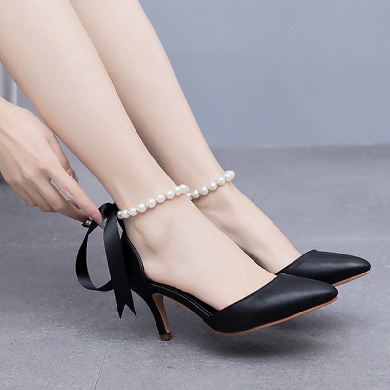 Rhie Pearl 7cm Medium Heel Sandals New 2024 Summer Beaded Ribbon Matte PU Leather Wedding Banquet Dress Women's Shoes Size 43 8394