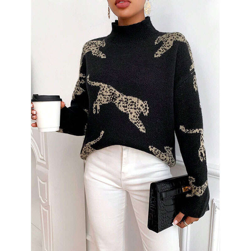 Autumn and winter deer plush semi high neck women's new style temperament jacquard contrasting color knitted sweater top