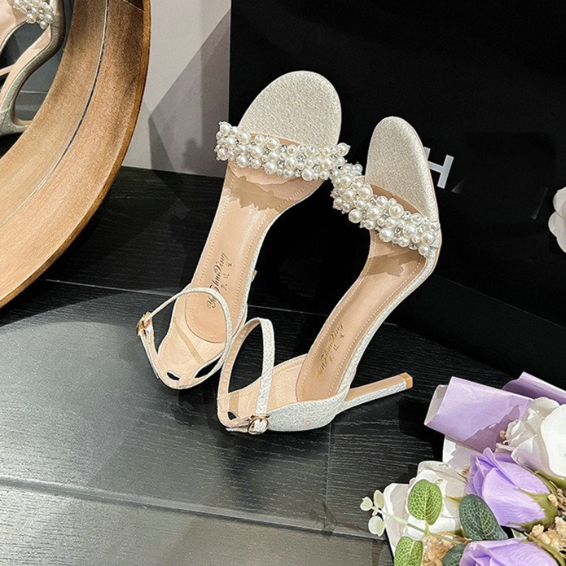 Summer New 2025 New French Sandals Thin Heel Round Head Open Toe Fashion Korean Version Pearl White High Heels 0904 s