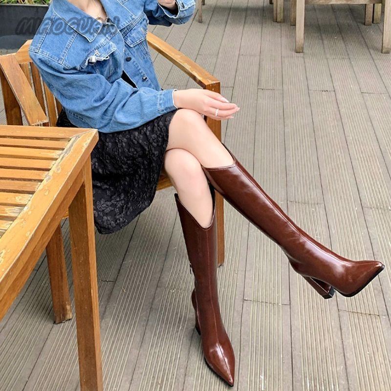 Women 2023 New New Solid High Heels Long Lady Riding Autumn Winter Designer Pointed Toe Knee-High Boots Retro Botas aba1 Knee-