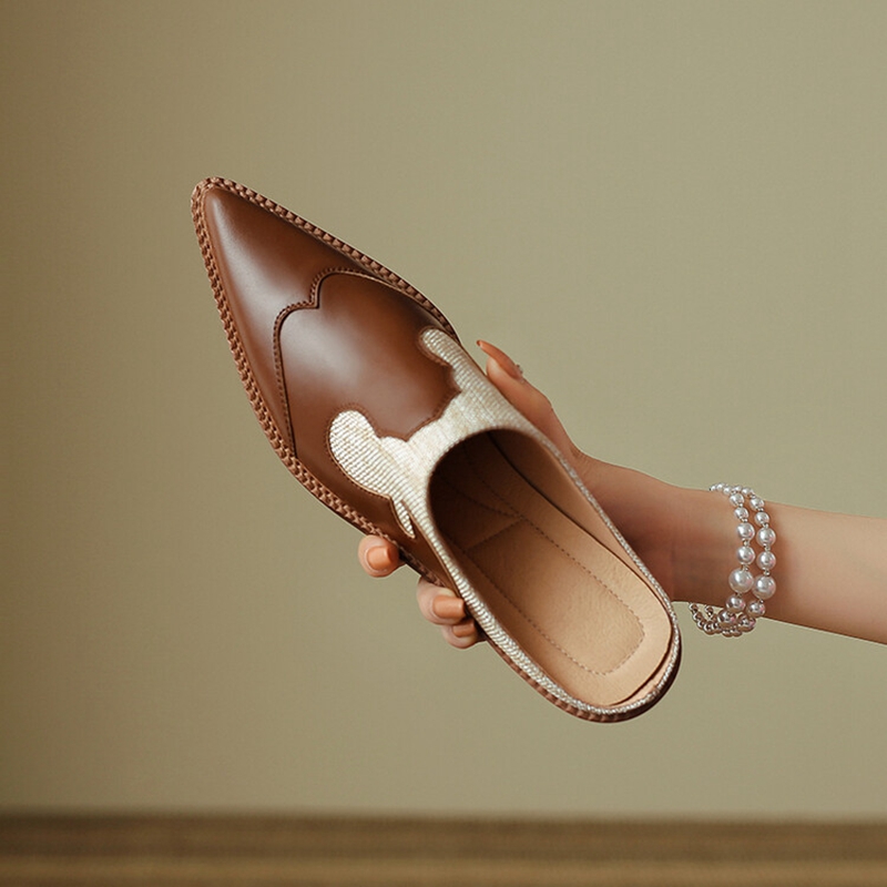 Covered Summer Toe Slippers Chunky Heel Mules Split Leather New for Women Sgback Sandals Handmade Shoes 074b
