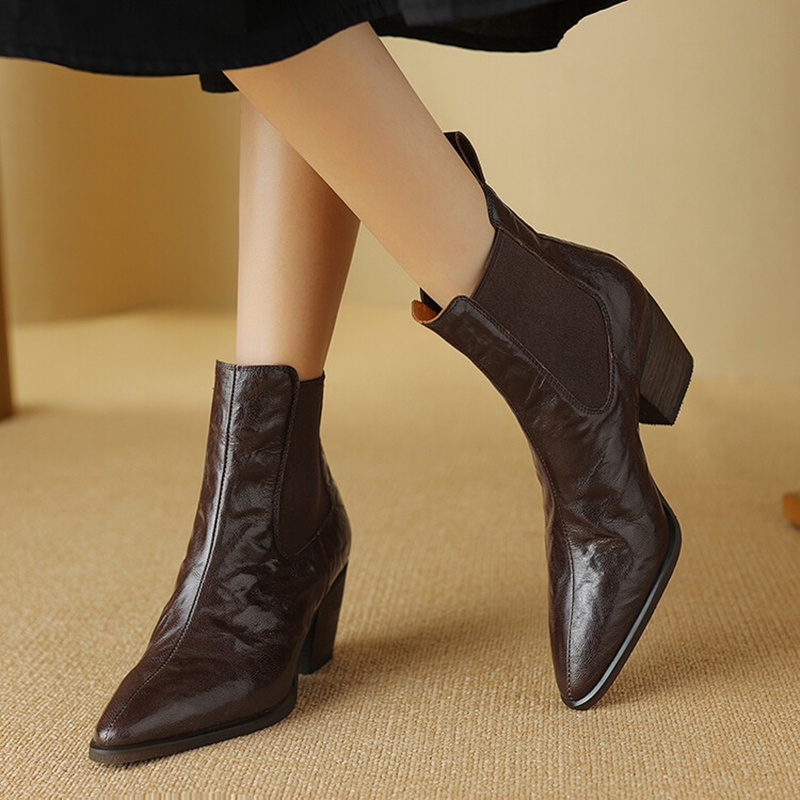 NEW Autumn Women Boots Genuine Leather Shoes for Women Pointed Toe Chunky Heel Shoes Slip-on Modern Boots Handmade Short Boots