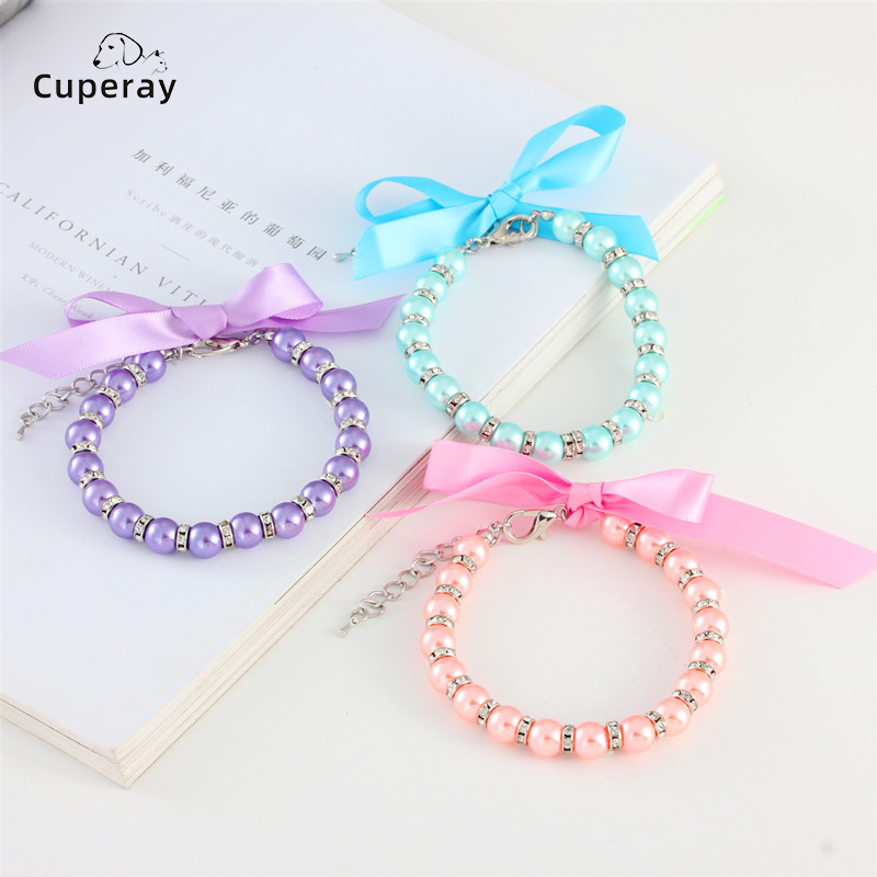 S/M/L Pearl Necklace Pet Collar, Cute Cat Collar with 5cm Extension Chain & Bow Knot Cat and Dog Jewelry Necklace Pet Supplies