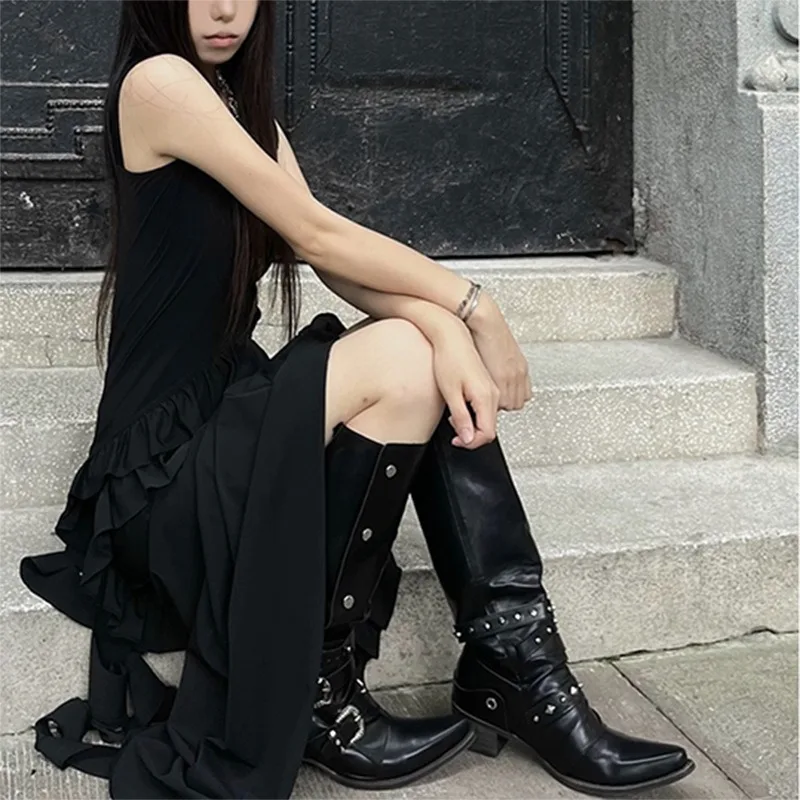 Women High-heeled Pointed Toe Long Boots for Woman Sexy Punk Gothic Knee High Boot Retro Cowboy Knight Botas Altas Mujer cbf8