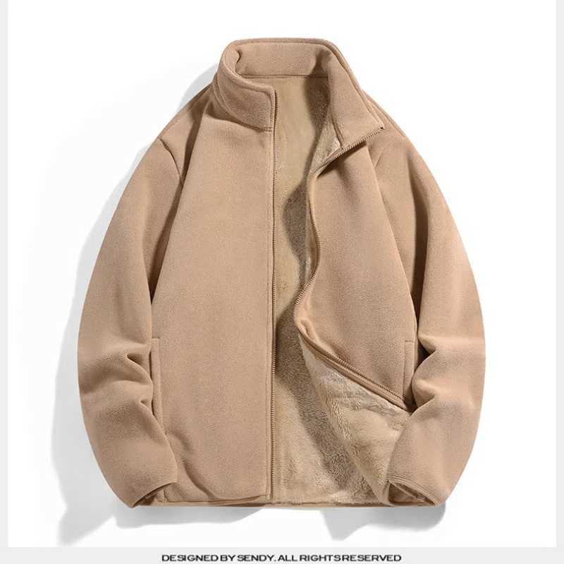 Winter mens collar solid zipper pocket simple casual with velvet thick loose long sleeved jacket top W240914