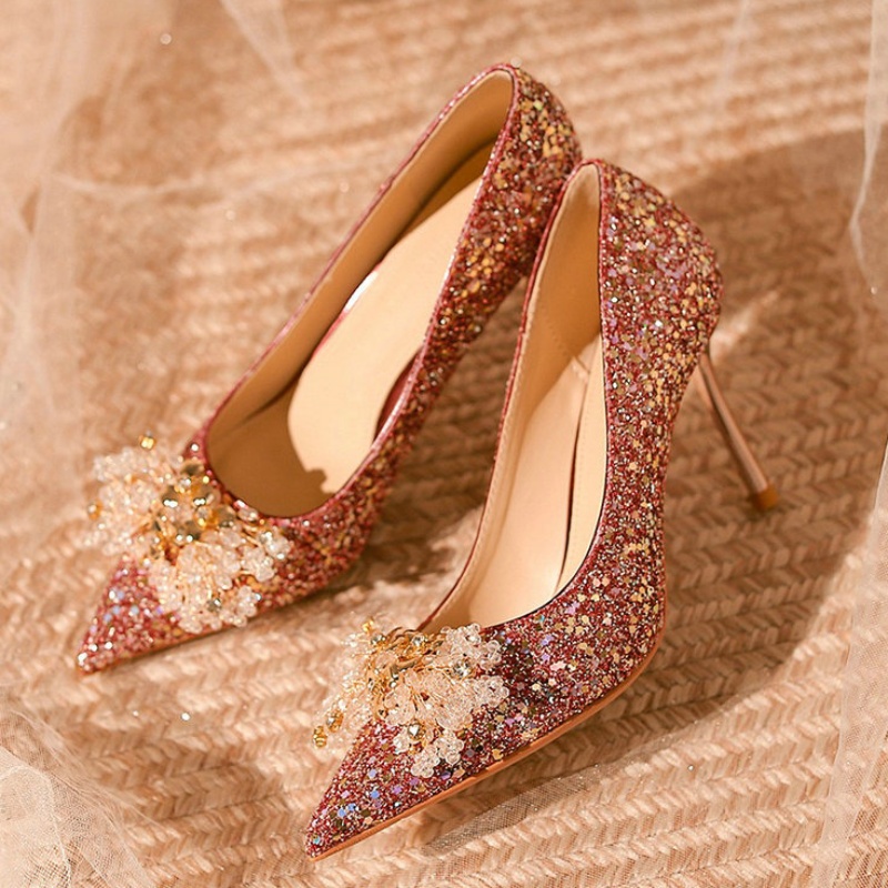 2024 New Elegant High-Grade Wedding Shoes Women French Fine Heel Bride Shoes Red High Heels