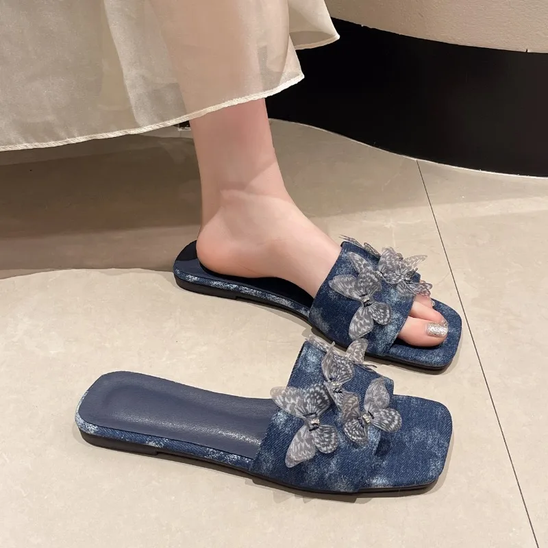 2025 new Women Flat Sandals Summer New Beach Style Blue Denim Shoes Casual Round Toes Flip ps Woman Comfortable Slippers 6fce