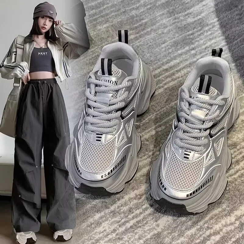 Women Luxary Chunky Sneakers Mesh Breathable Increased Internal Trainers Sports Running Casual Ladies Platform Vulcanize Shoes