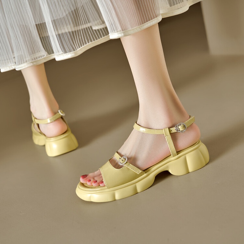 2025 new Summer NEW Round Toe Thick Heel Split Leather for Women Casual Buckle Handmade Shoes Platform Sandals e0b1 Platm