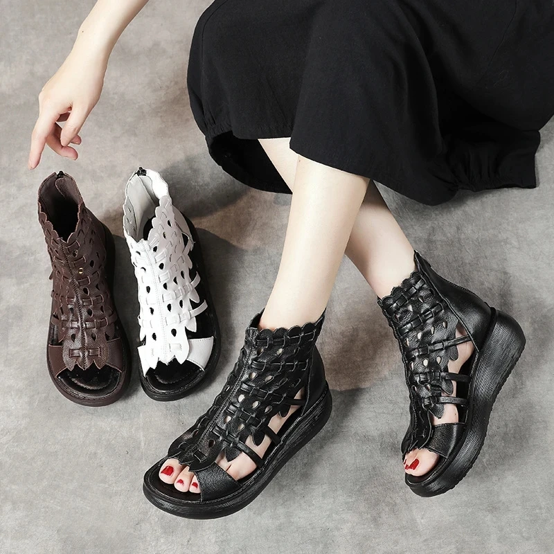 Summer New Retro Leather Thick-Soled Roman Sandals Fish Mouth Platform Shoes Women's Summer National Wedge Sandals