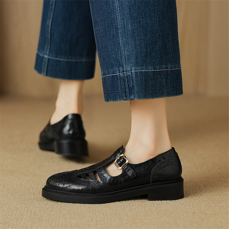 New Summer Sheepskin Women Shoes Round Toe Hollow Out Women Pumps Low Heel Brogue Designs Loafers Shoes for Women Ladies Shoes