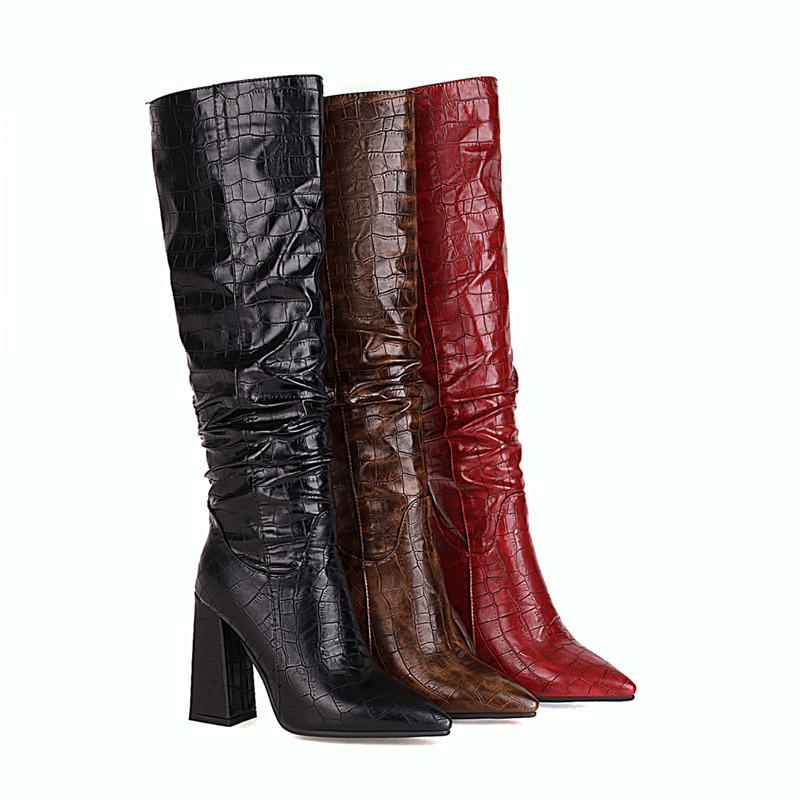 Western Brand Cowboy for Women Winter Shoes Square Heels Quality Knee High Boots Female Snake Leather Large Size 48 b57d