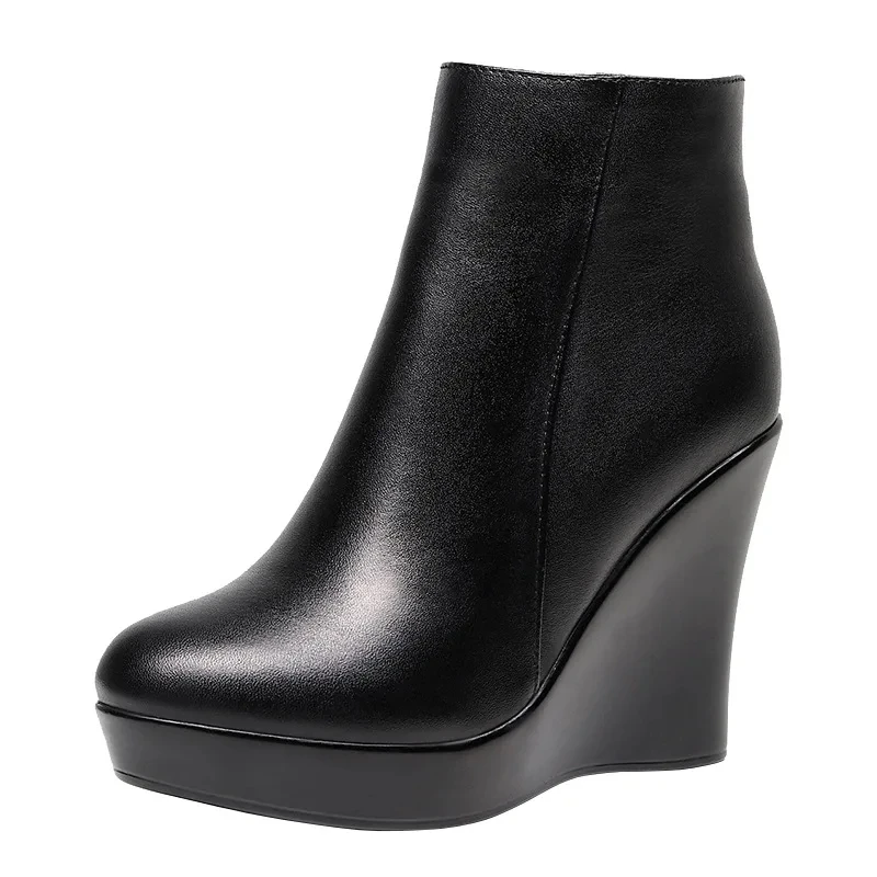 Women Genuine Leather Platform Ankle Boots Winter Female Plush Snow Boots Round Head Wedge Boots Women High Heel Shoes