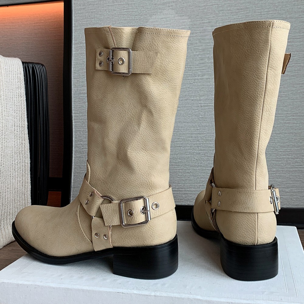 genuine Women's leather metal buckle slip-on flats autumn mid-calf casual female punk half boots high quality shoes woman 8aa4