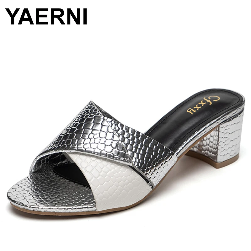 Women Slippers Summer Ladies Sexy Square Heels Pumps Fashion Snakeskin Slides OL Outdoor Casual Leather Sandals
