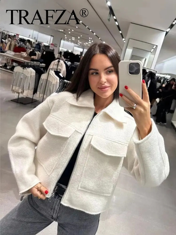 TRAFZA Coat For Women 2024 Solid Long Sleeve Lapel Zipper Cardigan Jacket Female Pocket Wild Casual Street Woman OuterCoat Top 240910