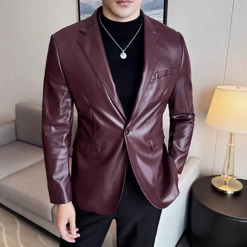 High Quality Leather Jacket Men Single Button Slim Fashion Leather Blazers Male Business Casual Suit Coats Solid PU Outwear ManX240913