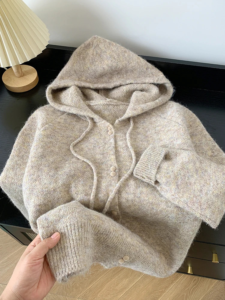 Korean Hooded Knitted Cardigan Women Autumn Winter Fashion Casual Loose Lazy Style Sweater Female Streetwear Coats 240904