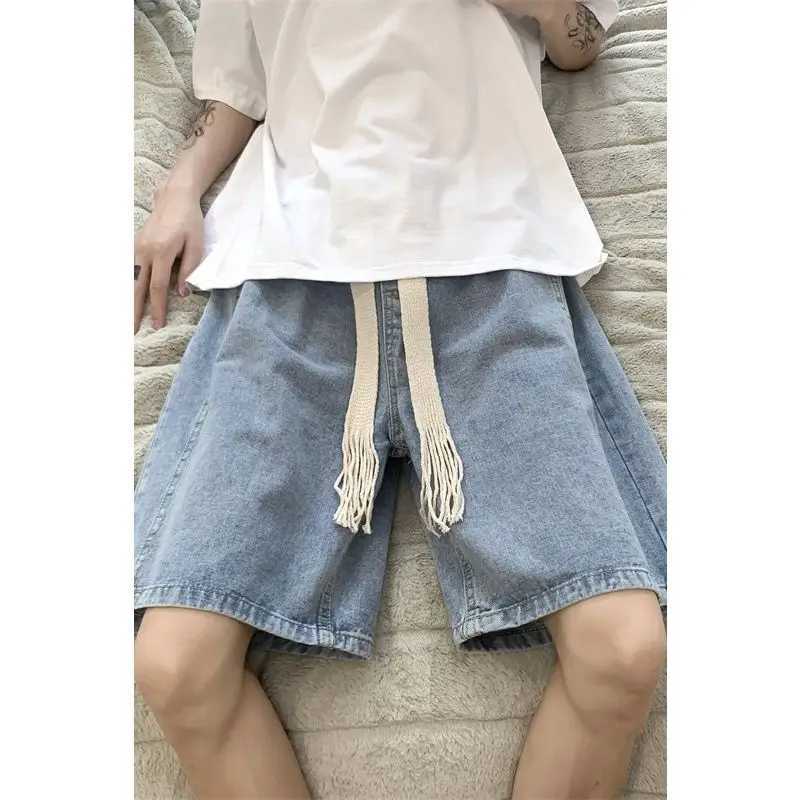 Wide Leg Baggy Denim Shorts Men Summer Thin Solid Color Casual Loose Simple Knee-length 5 Point Pants Drawstring Straight ShortsX240914