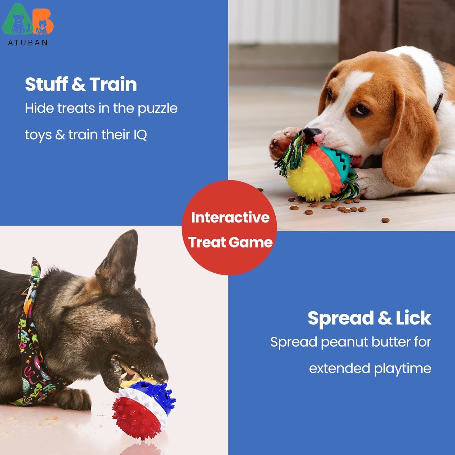 ATUBAN Squeaky Dog Toys for Aggressive Chewers,Tough Dog Chew Toys for Dogs,Treat Dispensing Dog Toys for Boredom & Enrichment